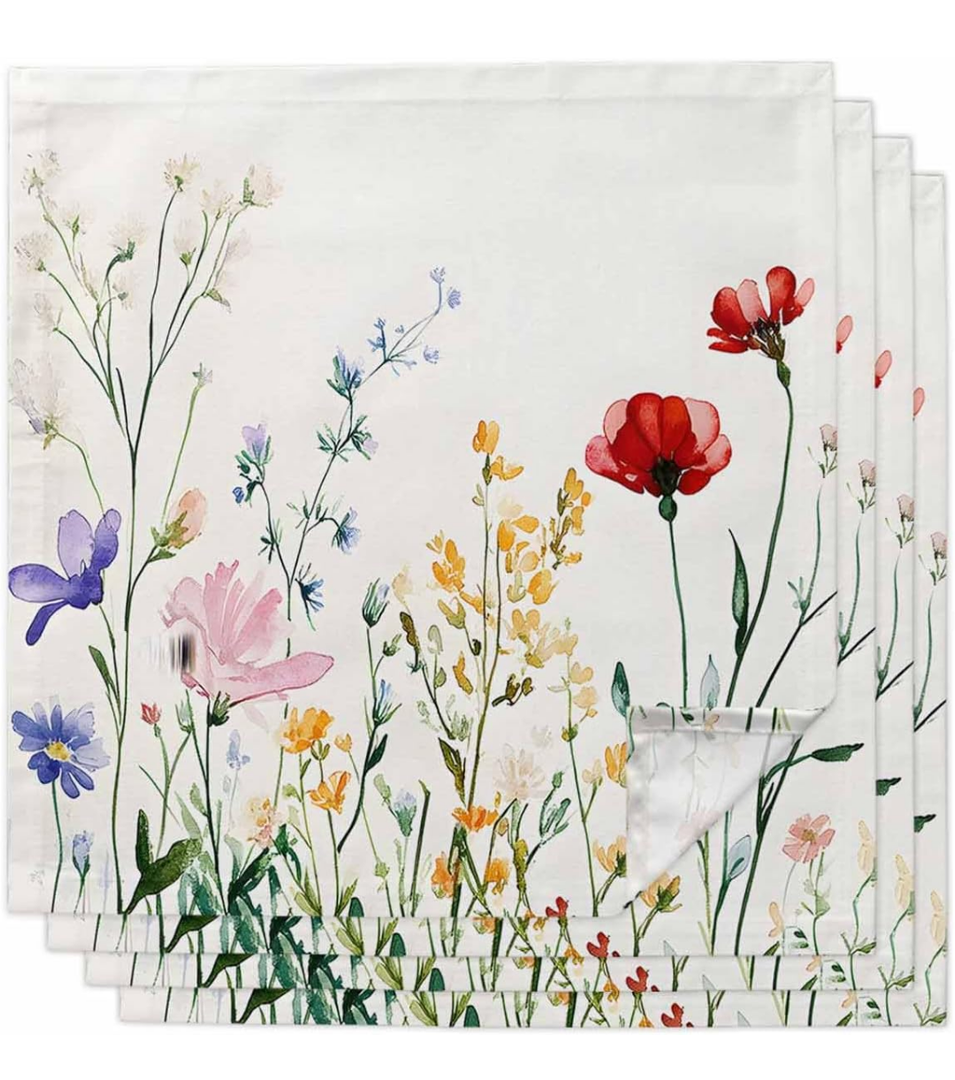 Spring Colorful Floral Cloth Napkins Set of 4, Holiday Napkins for Baby Shower, Farmhouse Watercolor Flowers Washable Reusable Dinner Napkin for Cocktail Wedding Party, 20 x 20 Inch