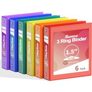 SUNEE 1.5 Inch Binders 3 Ring 6 Pack, Clear View Three Ring 1 1/2 Inch Binders PVC-Free (Fit 8.5x11 Inches) for School or Office Supplies, Classic 6 Colors