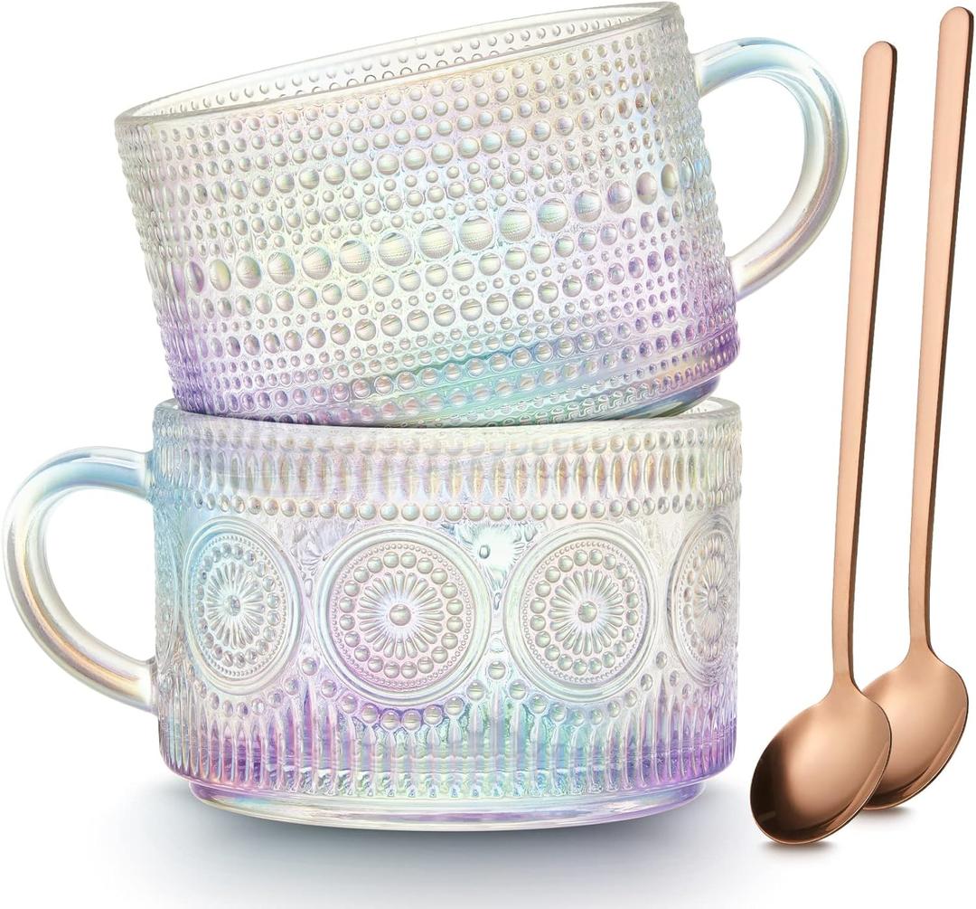 MFACOY Vintage Coffee Mugs Set of 2, 14 oz Iridescent Embossed Glass Tea Cups with Handle for Cappuccino, Latte, Hot or Cold Beverages