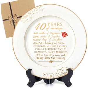 40th Anniversary Wedding Gifts for Wife - 40 Year Anniversaty Plate with 24k Gold Foil, Happy Decorations for Couple Parents Him Her Husband, Ceramic 9"