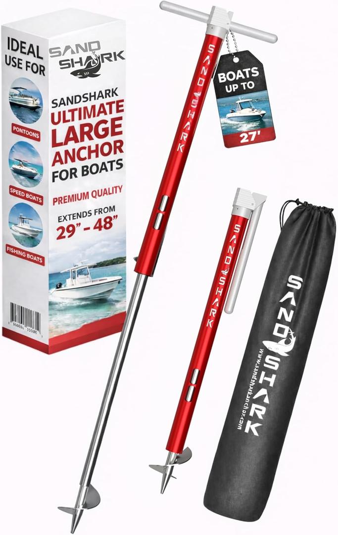 SandShark Anchor Ultimate Large - Premium Screw in Boat Anchor, Pontoon Boat Anchor, Stainless Steel Shallow Water Anchor Pole, Sand Anchor 29"-48" w/ Case - Essential Pontoon Boat Accessories, Large Red