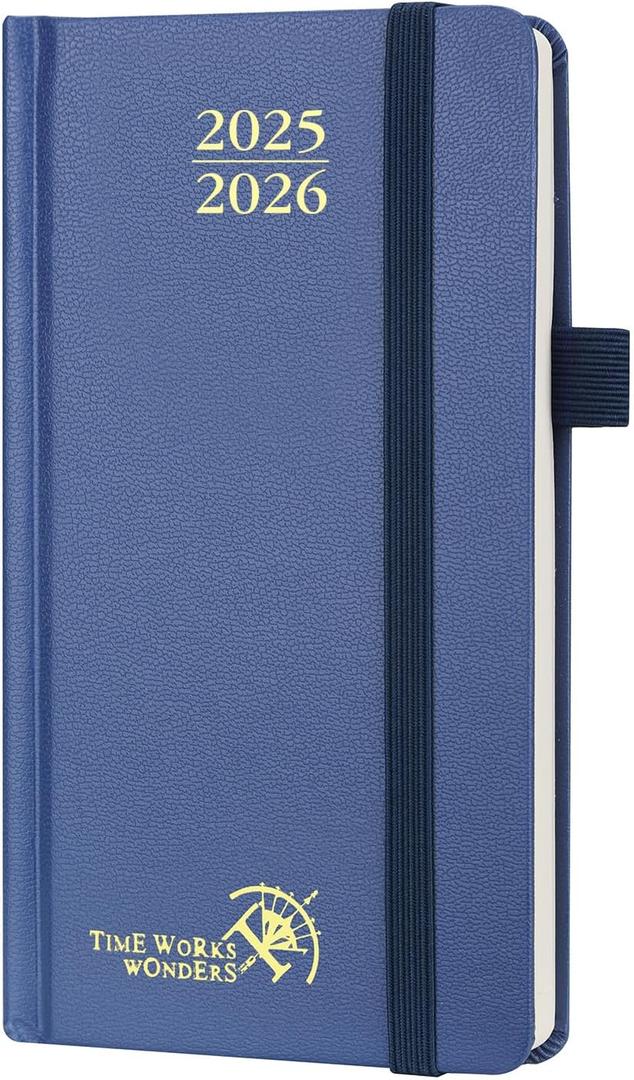 POPRUN Small Academic Planner 2025-2026 (17-Month: Aug.2025-Dec.2026) for Purse, Pocket Calendar (3.5''x6.5'' Hardcover) Daily Weekly Monthly with Pen Holder - Navy Blue
