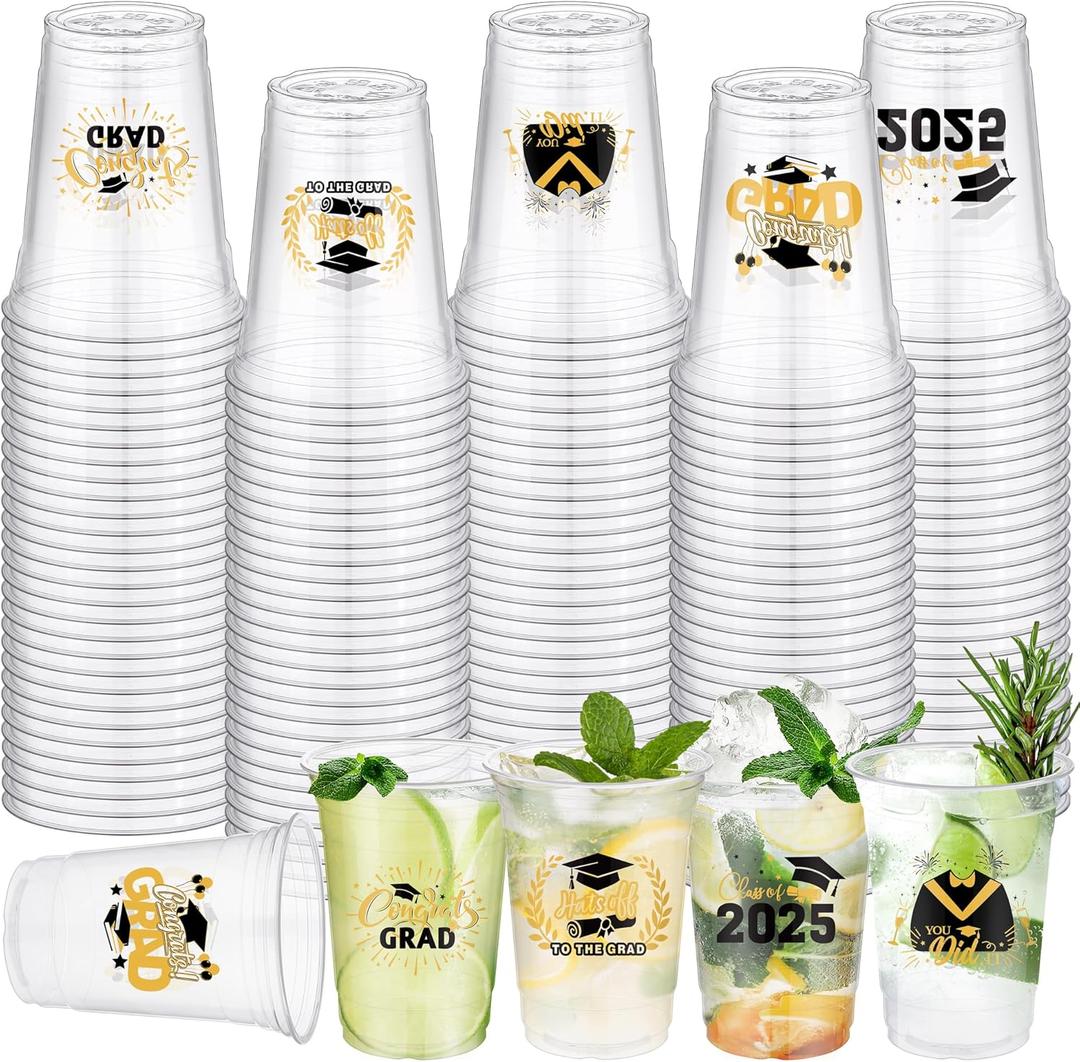 120 Pieces 16 Ounce Graduation Cups Disposable Class of 2025 Cup Clear Print Drink for Hot Cold Drinks Party Supplies, Black and Gold