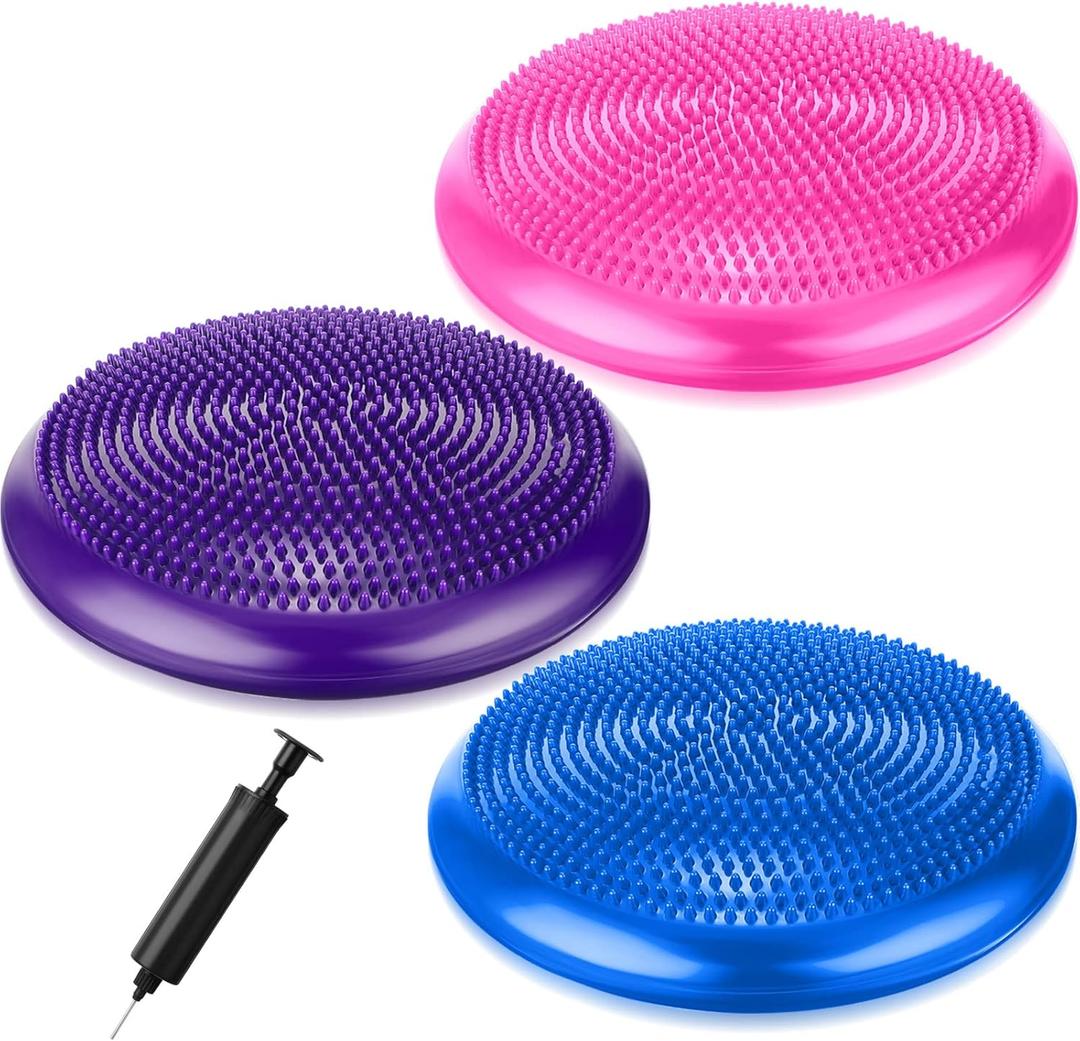 Leitee 3 Pcs Inflated Wobble Cushion Exercise Wiggle Seat for Sensory Flexible Seating Wobble Board Balance Disc Sensory Wiggle Seat Pad for Office Chair with Air Pump (Blue, Purple, Rose Red)