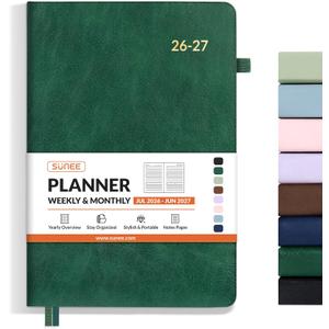 SUNEE 2026-2027 Weekly & Monthly Hardcover Planner 5.5" x 8.3" - 12 Month (July 2026 - June 2027), Small Academic Year Calendar Planner, Pocket, Notes, 100 GSM Paper, Deep Green