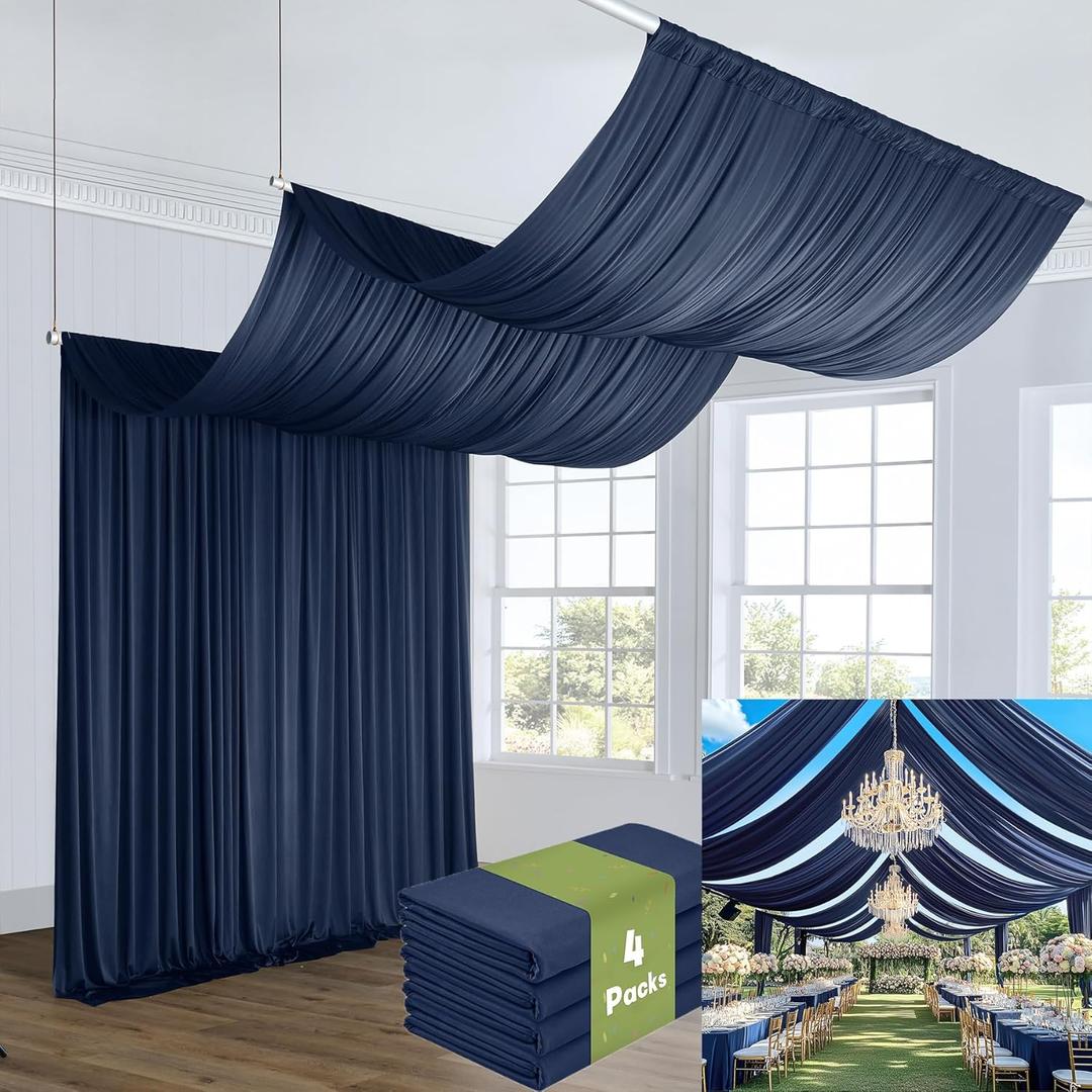 4 Panels 5x20ft Navy Blue Ceiling Drapes for Wedding Parties, Wrinkle Free Thick Polyester 20ft Extra Long Wedding Draping Blue Ceiling Curtains Arch Drapery for Birthday Party Canopy Tent Decor