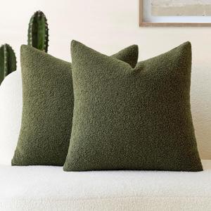 Foindtower Pack of 2, Curly Faux Fur Decorative Throw Pillow Covers Soft Fuzzy Plush Cushion Case with Zipper Cozy Pillowcase for Home Living Room Couch Bed Sofa 22 x 22 Inch, Moss Green