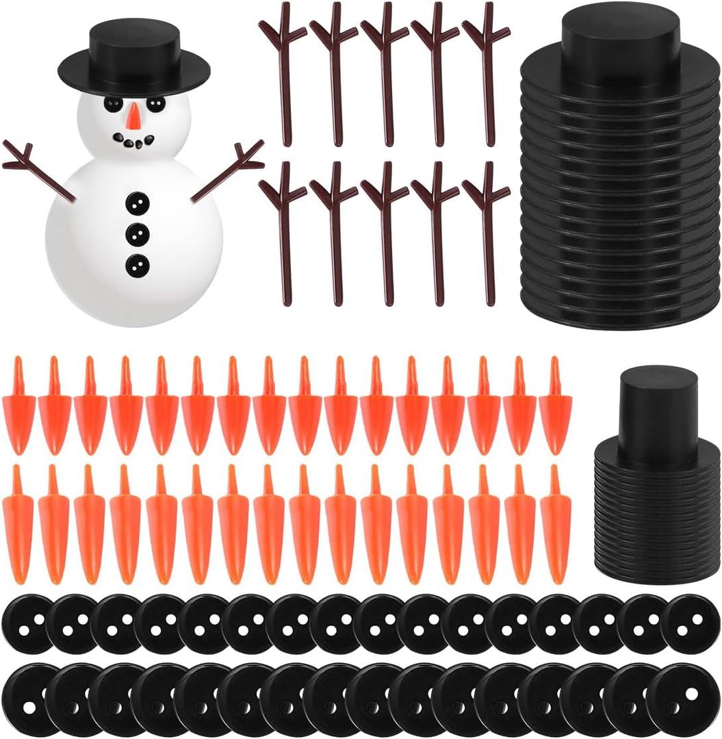600Pcs Christmas Snowman Decorating Kit Mini Black Top Hats Tiny Black Buttons Carrot Buttons Snowman Hands for DIY Craft Sewing Party Supplies