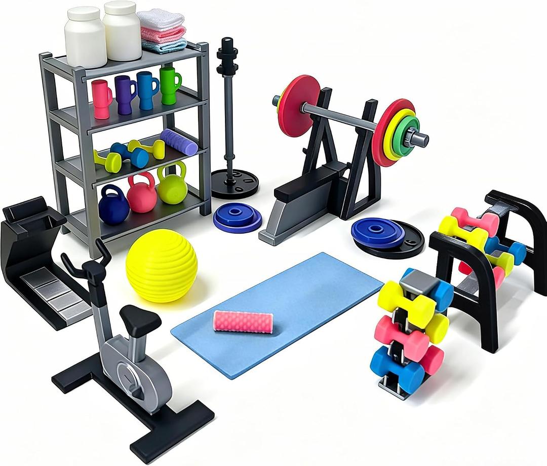 Miniature Gym Equipment Set, Plastic Mini House Fitness Accessories, Miniature Workout Room with Treadmill Exercise Bike Dumbbells for Miniature House Micro Landscape Decor