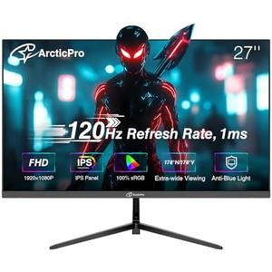 ArcticPro 27 inch Monitor 120Hz, FHD 1080p, Computer Monitor, IPS, 99% sRGB, 1ms Response Time, 3-Sided Frameless, Ultra Slim, VESA Mountable, Anti-Blue Light Design, HDMI & VGA Ports,Black