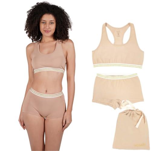 ORGANICKID Womens Organic Cotton Soft Boxer Briefs and Crop Top Racerback Bra Set Bralette GOTs Certified Panties in Gift Bag (Nude, M)