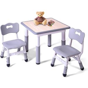 Kids Table and 2 Chairs Set, Height Adjustable Toddler Study Table and Chair Set, Kid Size for Ages 3-8 Children, Graffiti Desktop, Easy to Wipe/Arts & Crafts, Homes/Classrooms/Daycare (Grey)