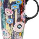 DUSVALLY Ceramic Coffee Mug with Lid and Handle, Porcelain Travel Tea Cup for Latte, Cappuccino and Cocoa, Circular Doodle for Retirement, Housewarming and Graduation, 17 oz