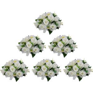LoveCat Artificial Flower Centerpieces for Tables: 6pcs of Rose Flower Balls, Flower Kissing Balls, Fake 15-Head Plastic Flower Roses with Base for Birthday Party Christmas Home Wedding Decor (White)