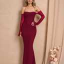 Elegant Off Shoulder Bodycon Maxi Dress Long Sleeve Mesh Formal Dress for Women Wedding Guest Party Club Cocktail Evening Gowns Wine (M)