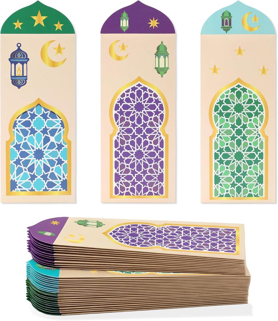 24 Pack Eid Mubarak Envelopes, 3 Designs Eidi Envelopes, Money Gift Card Holders for Kids, Ideal for Eid Al-Fitr and Eid Al-Adha Celebrations