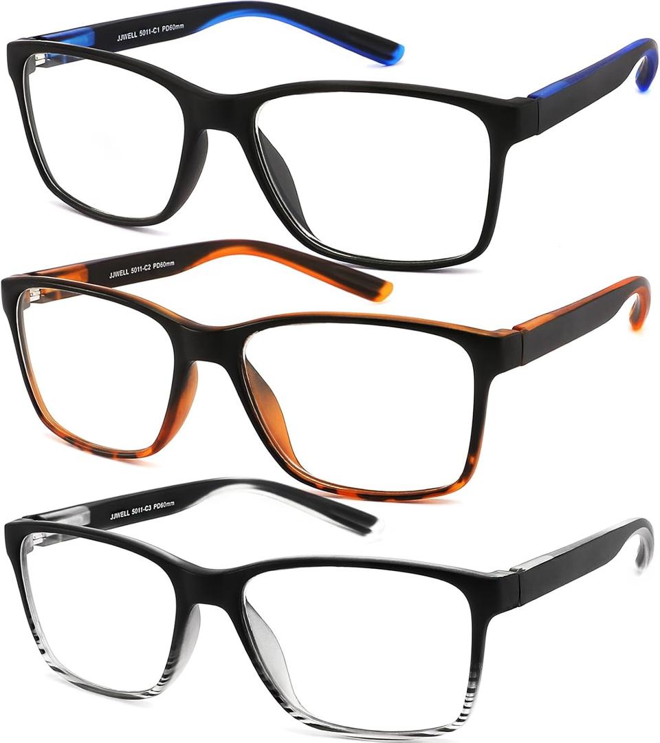JJWELL 3 Pack Reading Glasses for Men Blue Light Blocking with Spring Hinge, Anti Eyestrain/Dryness/UV Large Wide Square Readers for Men, Two Tone Computer Reader Glasses Eyeglass(1.5 Strength) (3 Mixed Color (blue White Orange))
