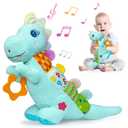 Baby Dino Plush Soft Stuffed Animal Toy for 0-3-6-12+ Months,Infant Musical Toy with Rattle,Squeaker,Sensory Crinkle,Teether & Textures,Tummy Time Toys Christmas Baby Gift for Newborn Girl Boy (Blue)