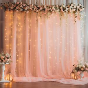 10ft x 10ft Peach Backdrop Curtain Panels with Lights String for Parties, Sheer Tulle Wedding Photo Backdrops Drapes for Baby Shower Birthday Party Decorations Background for Photography (W5' x H10'(2 panels))