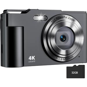 Digital Camera, FHD 4K Digital Point and Shoot Camera with 16X Zoom Anti Shake, 48MP Compact Small Camera with 32GB Card for Boys Girls Kids, Black
