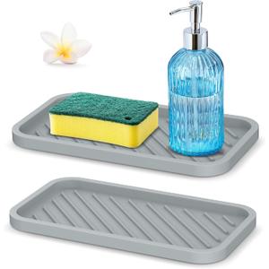 Silicone Sponge Holder for Kitchen Sink - 2 PCS Thicker Heavier Sink Tray, Kitchen Soap Dispenser Tray (M(10"5.1"), Gray)