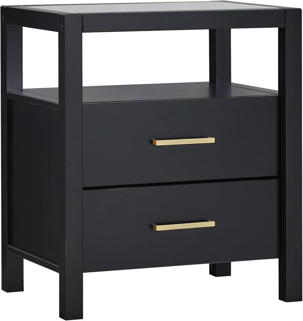 Walker Edison Isla Modern Solid Wood 2 Drawer Nightstand Side Table with Glass Top, 22 Inch, Black (Single)