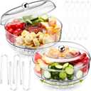 Nuogo 2 Pcs Rotating Chilled Serving Tray with Lid 10" Ice Chilled Party Platter with 5 Compartment Tongs Sporks for Veggie,Taco,Fruit,Salad, Party Supplies