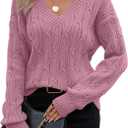 SHEWIN Womens Sweaters Casual V Neck Long Sleeve Cable Knit Crochet Sweater Spring Outfits for Women 2026 (Large, Pink)