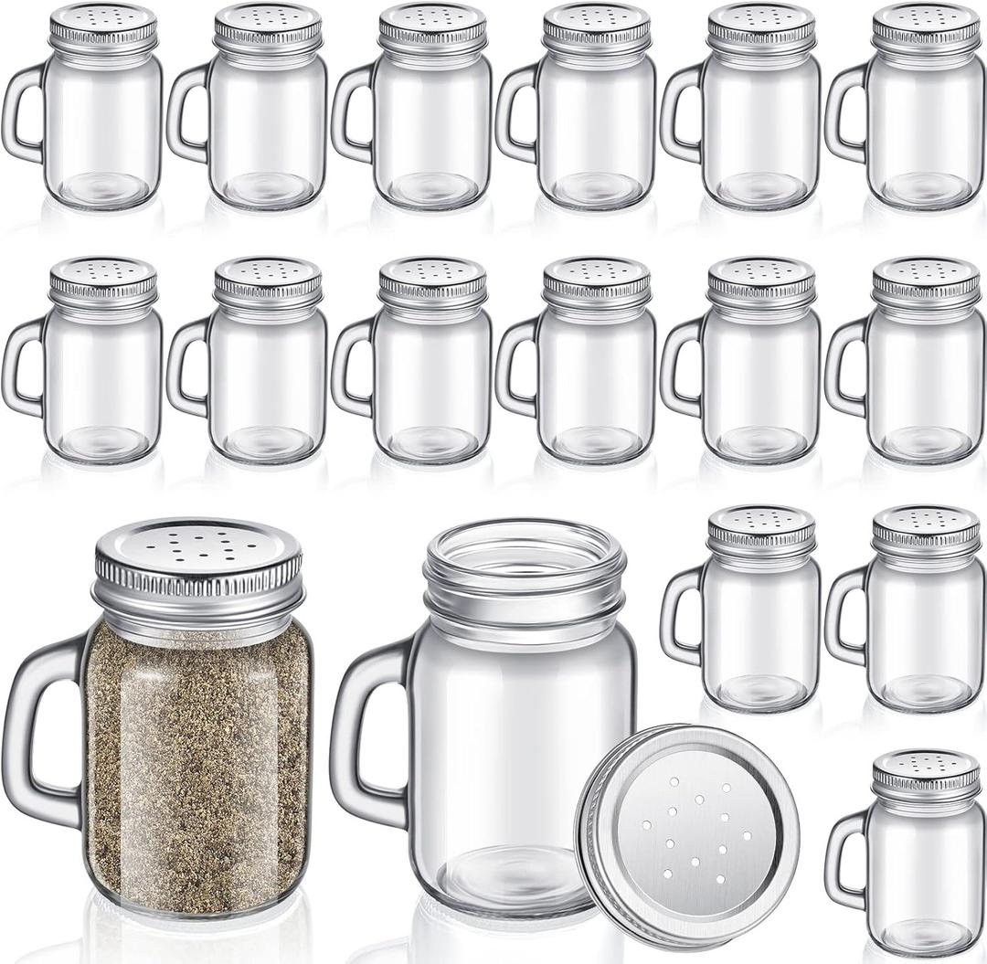 12 Pieces Salt and Pepper Shaker Clear Glass Mason Jar Mini Salt Shaker with Metal Lid Pepper Shakers Set with Handles for Kitchen Table, Drinkware, Rustic Home Decor and Gifts, 4 Oz