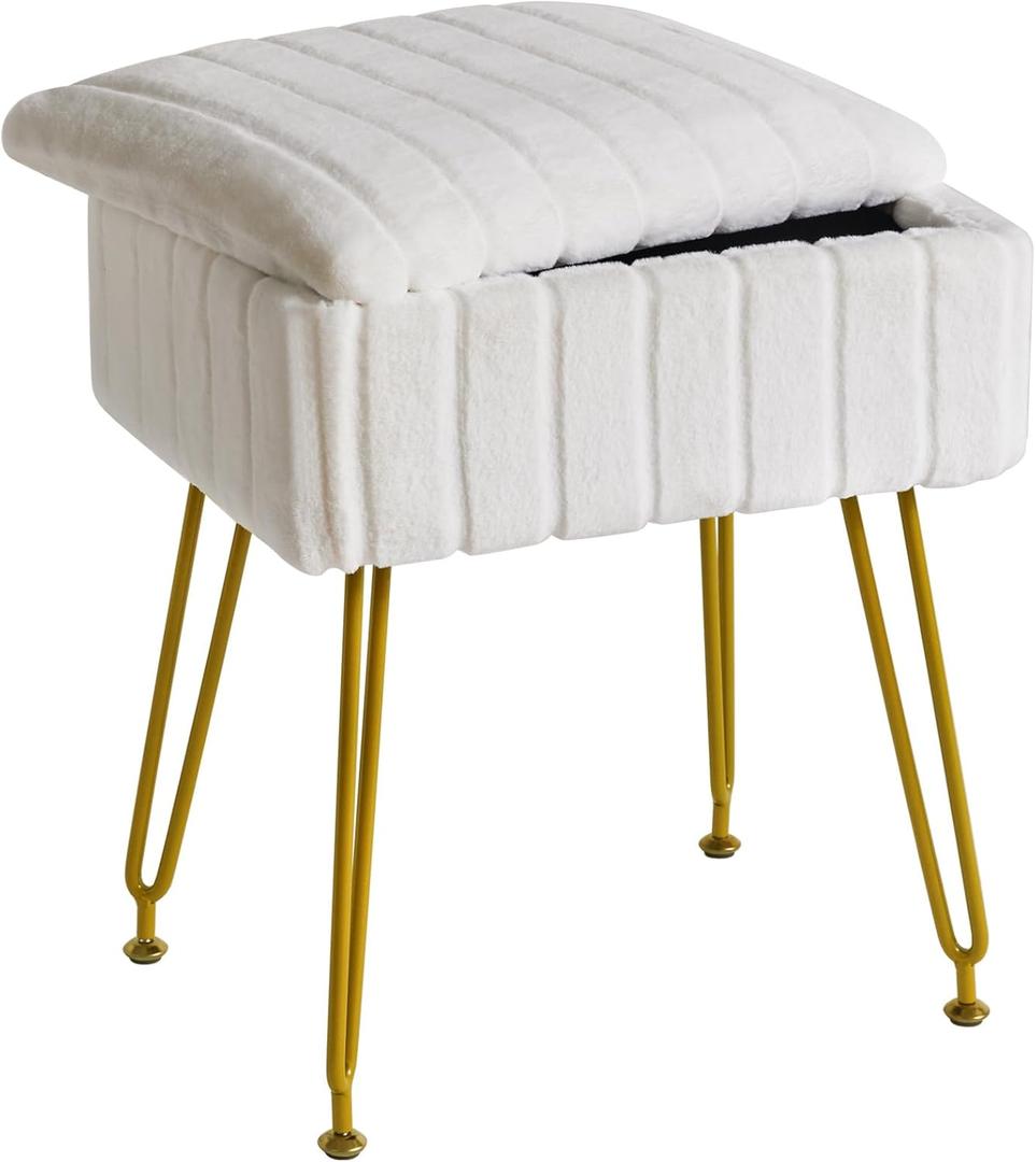 IBUYKE Stool Chair with Storage Space, Footrest Footstool Ottoman, Small Side Table, with 4 Metal Legs, with Anti-Slip Feet, for Makeup Room, Bedroom, White, Faux Fur LG-50W