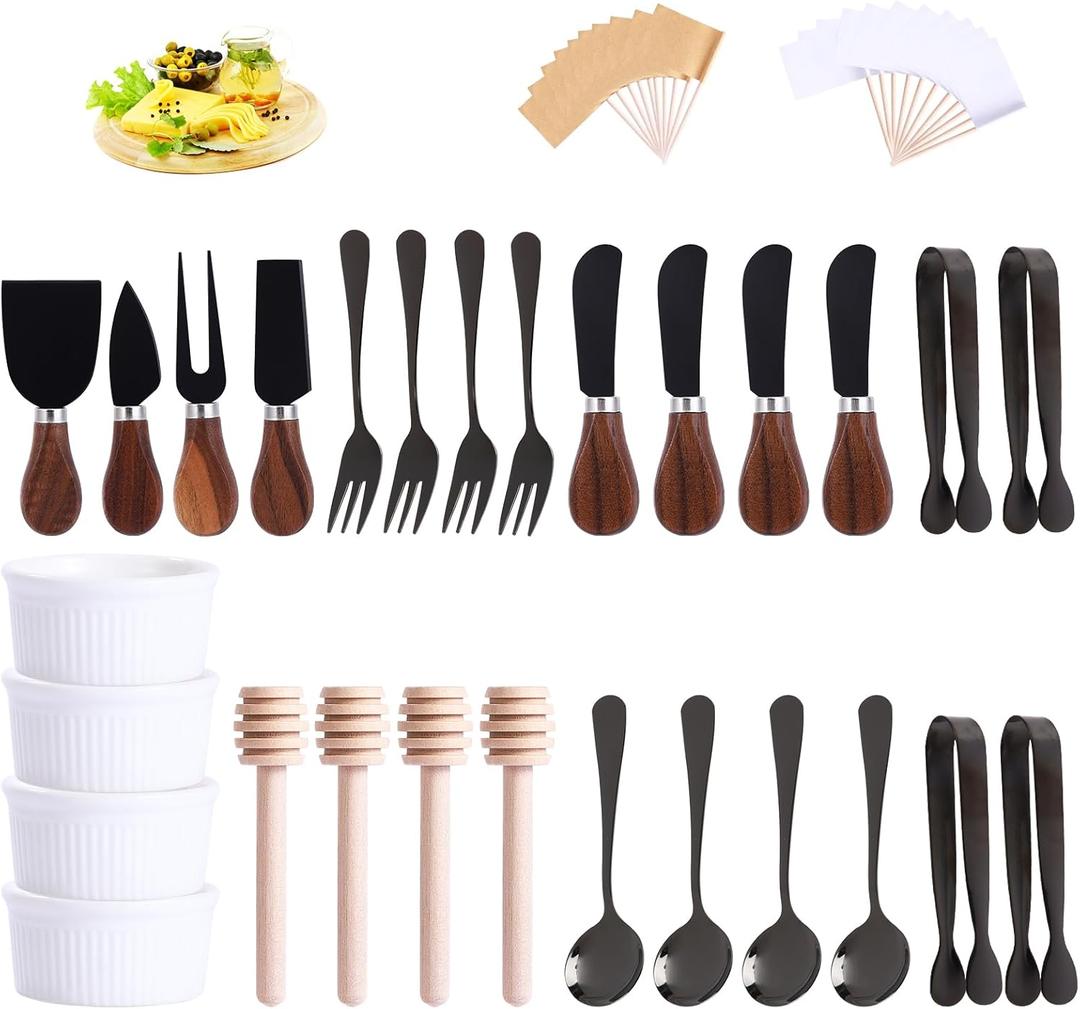Charcuterie Boards Accessories(29 PCS) Cheese Spreaders for Charcuterie Board Mini Serving Spoon Fork Tongs Blank Toothpick Flags Bowl (Black)