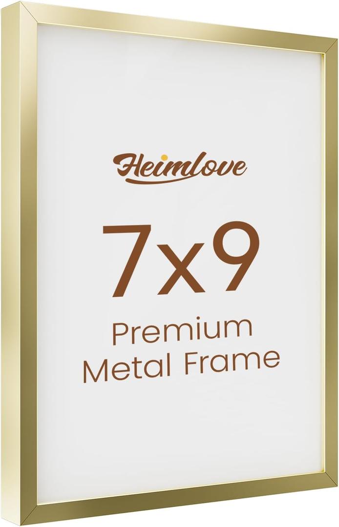 Heimlove 7x9 Aluminum Picture Frame, Metal Picture Frame for Wall Hanging or Tabletop, Photo frame with Tempered Glass  Simple and Elegant Decor for Wall  1 Pack  Gold