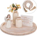 Hanobe Large Round Decorative Beaded Tray: Wood Coffee Table Tray with Beaded Garland Decor Rustic Pinkish Whitewashed Wooden Farmhouse Tray Decor for Counter Ottoman Centerpiece Candle Holder