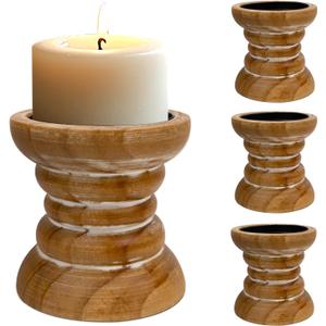 Pillar Candle Holder, Farmhouse Wood Candle Holder, Rustic Wooden Candle Stand, Vintage Small Wooden Candlestick Holders for Living Room, Table Centerpiece, Brown(4PCS)