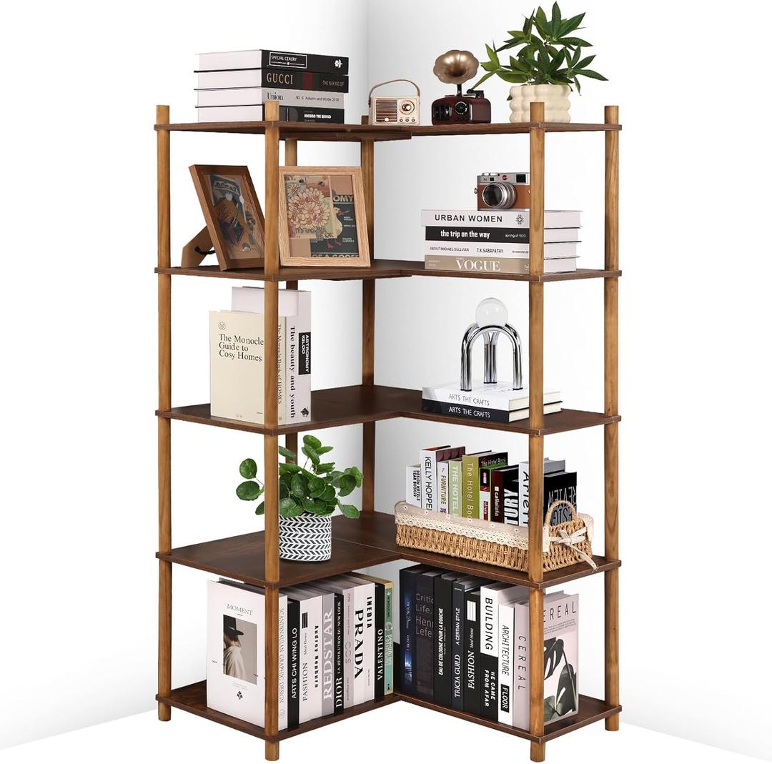 YGYQZ Bookshelf 5 Tier, Reversible Corner Bookshelf, 63" Tall Wood Corner Shelving for Living Room, Bedroom, Kitchen, Home Office, Rustic Brown, 5 Tier Bookcase