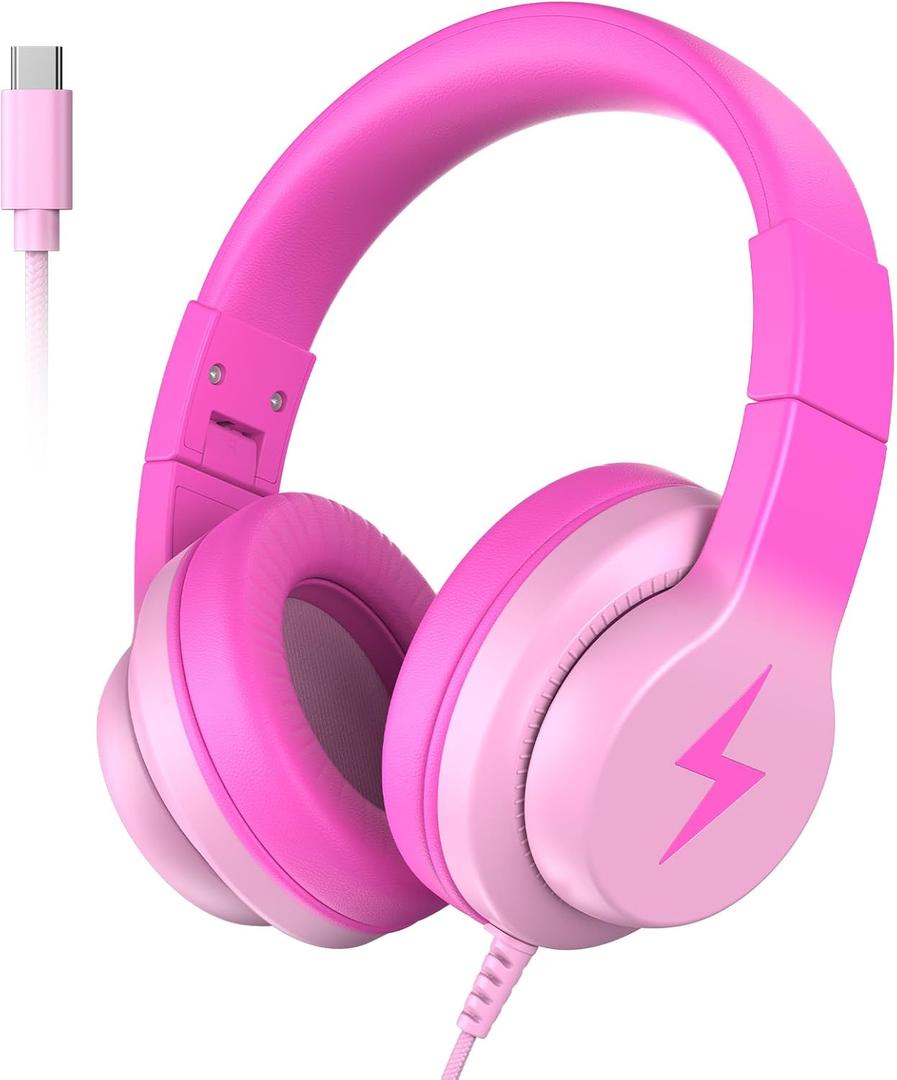 Kids Headphones for School, USB C Headphones for Kids, 85dB Volume Limiter, HD Stereo Sound, Comfortable Fit, Adjustable & Foldable, Ideal for Learning/ Travel/ iPad/ Tablet/ PC ,Gradient Deep Pink