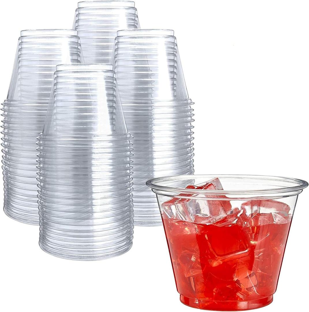Prestee Clear Plastic Cups  9oz Disposable PET Water, Wine, and Drink Glasses  Crystal Clear, Durable, Recyclable Party Cups  100 Count for Holiday, Events, Coffee Shops, Restaurants
