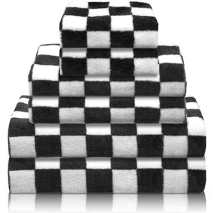 Kinlop 6 Pcs Checkered Bath Towels Set Coral Washcloth Quick Dry Patterned Thin Coral Fleece Hand Towel for Bathroom Back to School Gym Spa Beach Accessories (Dark Grey, Checkered)