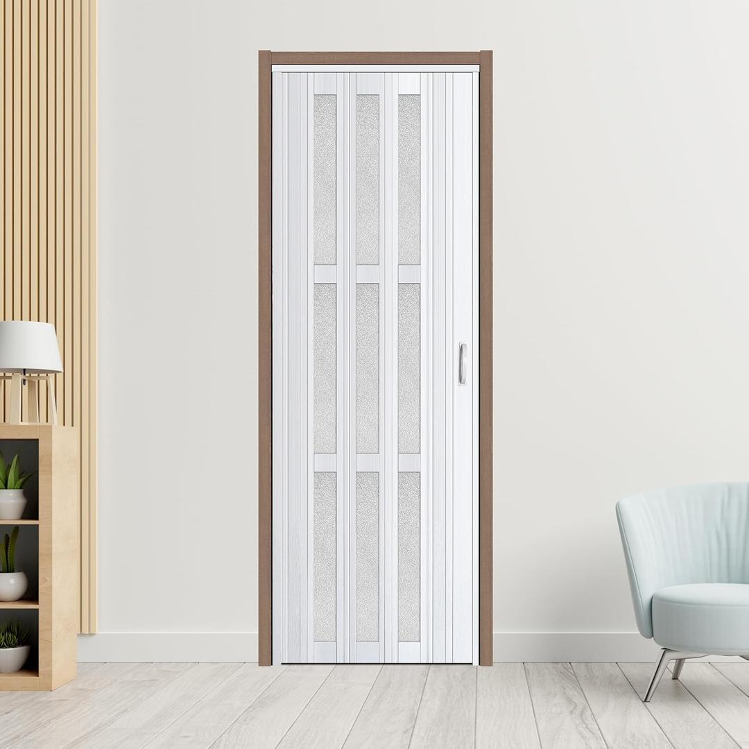 CCBOYSHARDWARE 30X80inAccordion Door with Frosted Acrylic Panels, Privacy PVC Folding Door with Lock & Handle, Double Magnetic Bifold Door for Closet, Pantry& Room Divider,Easy to Clean,Trimmable (White)