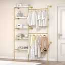 Industrial Pipe Clothing Rack, Wall Mounted DIY Garment Rack with 2 Adjustable Rod & 5 Shelves, Heavy Duty Closet Organizers System in Wardrobe Closet, Gold (80"H x 55"W x 11.8D)