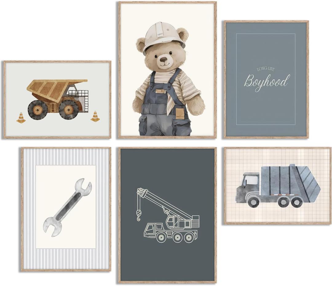 6Pcs Vintage Construction Truck Nursery Canvas Wall Art Funny Teddy Bear Posters Print Artwork Boys Room Painting Pictures Wall Decor for Bedroom Playroom Home Decoration 8x10in Unframed (10L"x8W")