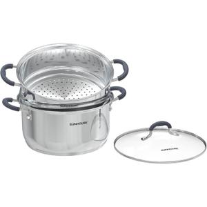 SUNHOUSE - 3.3 Quarts Steamer Pots With Lid 2-Tier Multipurpose Stainless Steel Steaming Pot Cookware For Vegetable, Dumpling, Sauce, Food - Triple Bottom, Measurement Line