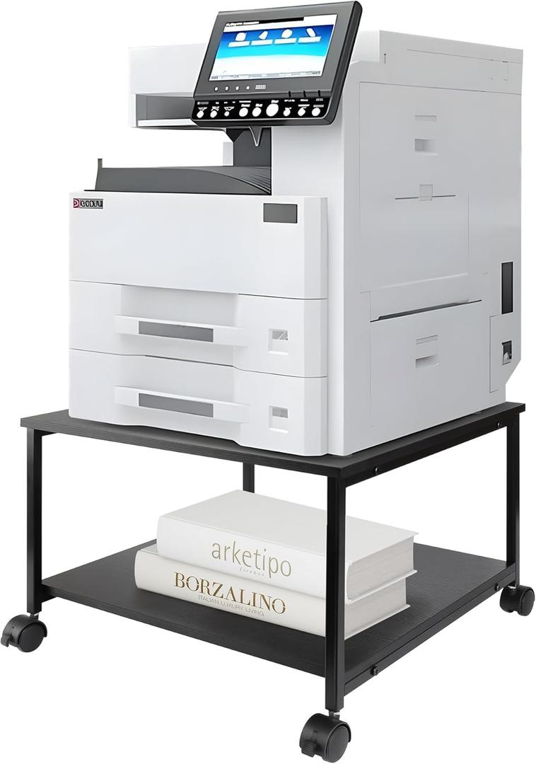 EMERIT 2-Tier Under Desk Printer Stand w/Storage - 19.5x19.5x12.8''Heavy Duty Rolling Cart, Mobile Printer Table with Lockable Wheels for Home Office Organization - Industrial Style (Black)