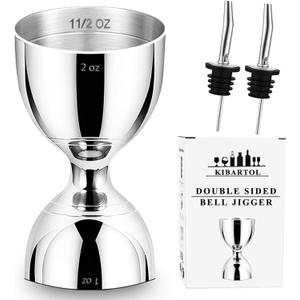 Jigger for Bartending, 2 oz 1 oz Bartender Jigger Stainless Steel, Double Cocktail Jiggers with Internal Measurements, Bar Tool for Bartending, Shot Drink Measurer for Cocktails(1Jigger - 2 Pourers (Silver)