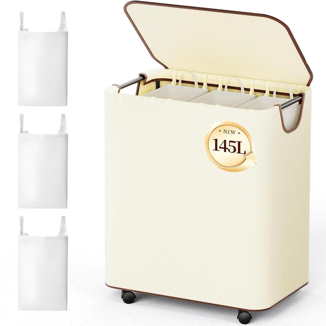 LAMU 145L Laundry Hamper with Wheels, Rolling Laundry Basket with Lid and 3 Removable Laundry Bag, Sturdy Large Capacity 3 Section Dirty Clothes Hamper for Laundry Room, Bedroom, Bathroom, Dorm, Beige