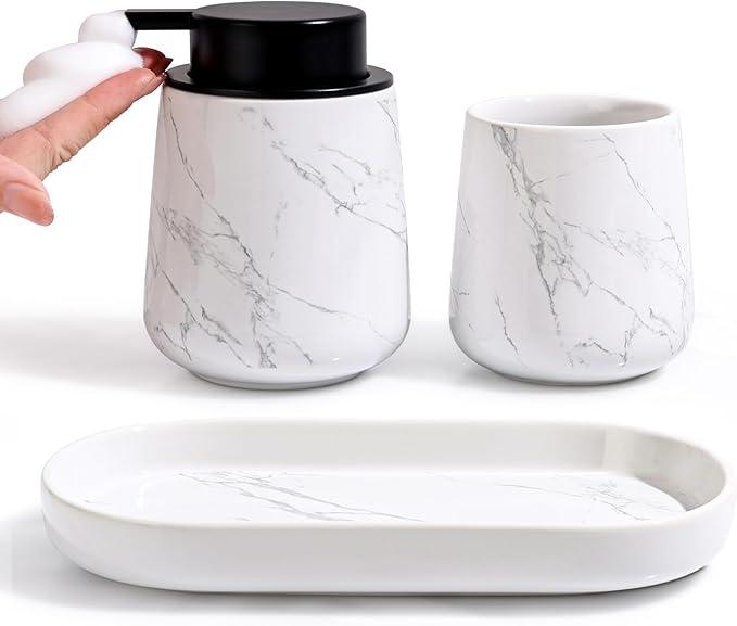 BosilunLife Bathroom Accessories Set 2 pcs - Bathroom Ceramic Foaming Soap Dispenser Set Farmhouse Marble Bathroom Decor, Toothbrush Holder/Tumbler Cup, Tray, Marble 