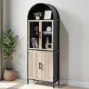 Arched Bookcase Book Shelf with Glass Doors, 5 Tier Tall Display Bookshelf Cabinet with Storage, Industrial Floor Standing Bookshelves Open bookcases for Home Office, Living Room(Oak&Black)