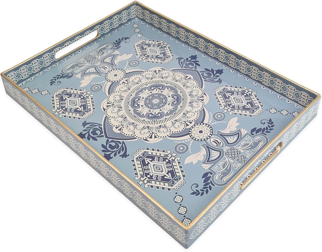 Omuriko Rectangle Plastic Serving Tray with Handles, Elegant Decorative Tray for Coffee Table, Ottoman, Living Room, Kitchen, Outdoor Use. 12"*16"*1.6" B