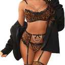 Aranmei Women’s Sexy Eyelash Fishnet Lingerie Set Chain Babydoll Underwire Bra and Panty Sets with Garter Belt 4 Pieces, S