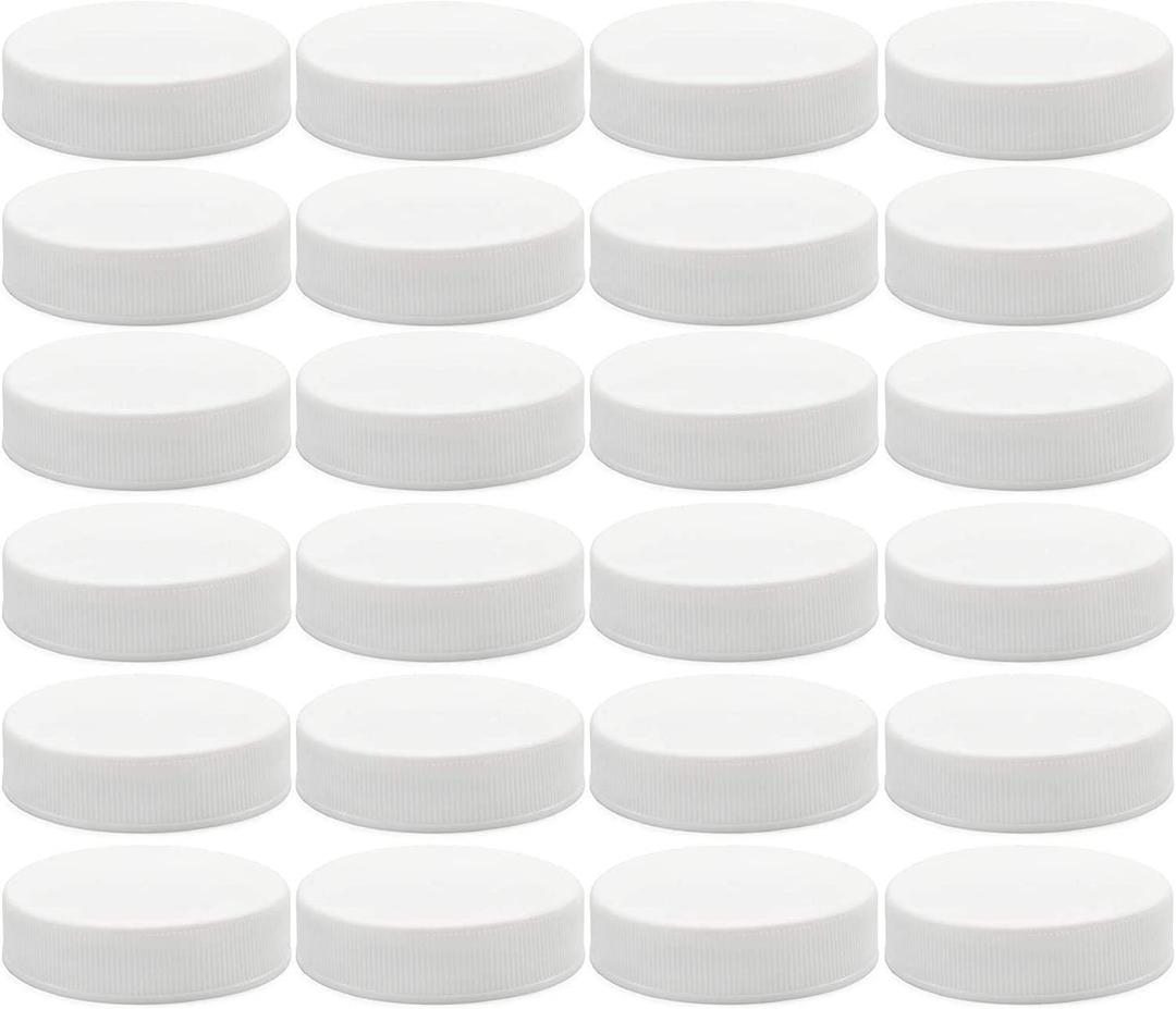 Cornucopia Brands Regular Mouth Plastic Mason Jar Lids, Unlined (24-Pack); Standard Size 70-450 White Plastic Caps for Mason Jars, White 